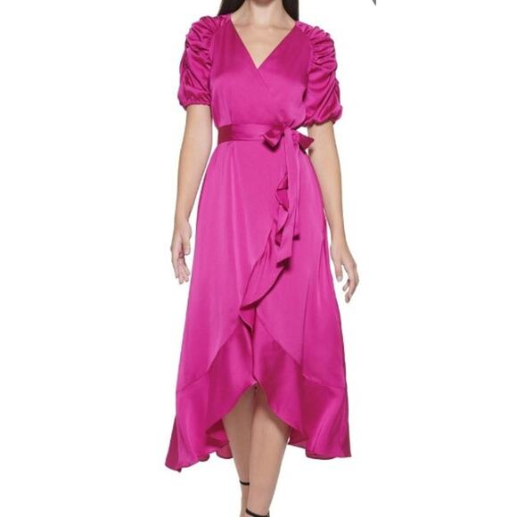Kensie Dresses & Skirts - KENSIE SZ 0 xs pink fuschia Ruffle Ruched-Sleeve Faux-Wrap Midi Dress NWT B79